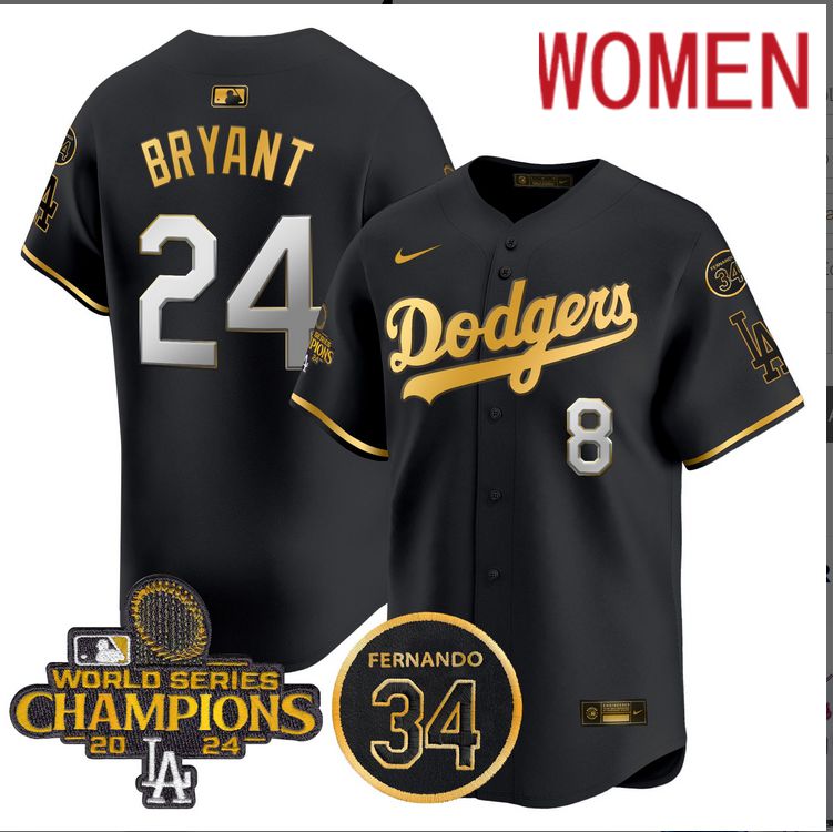 Women MLB Los Angeles Dodgers 24 Bryant black 2024 World Series Champions Patch Limited Jersey